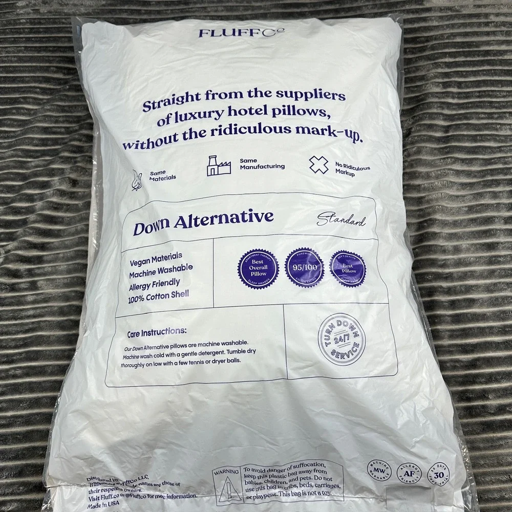 Fluff Co Down Alternative Hotel Pillow Standard Size White Cotton Shell Soft